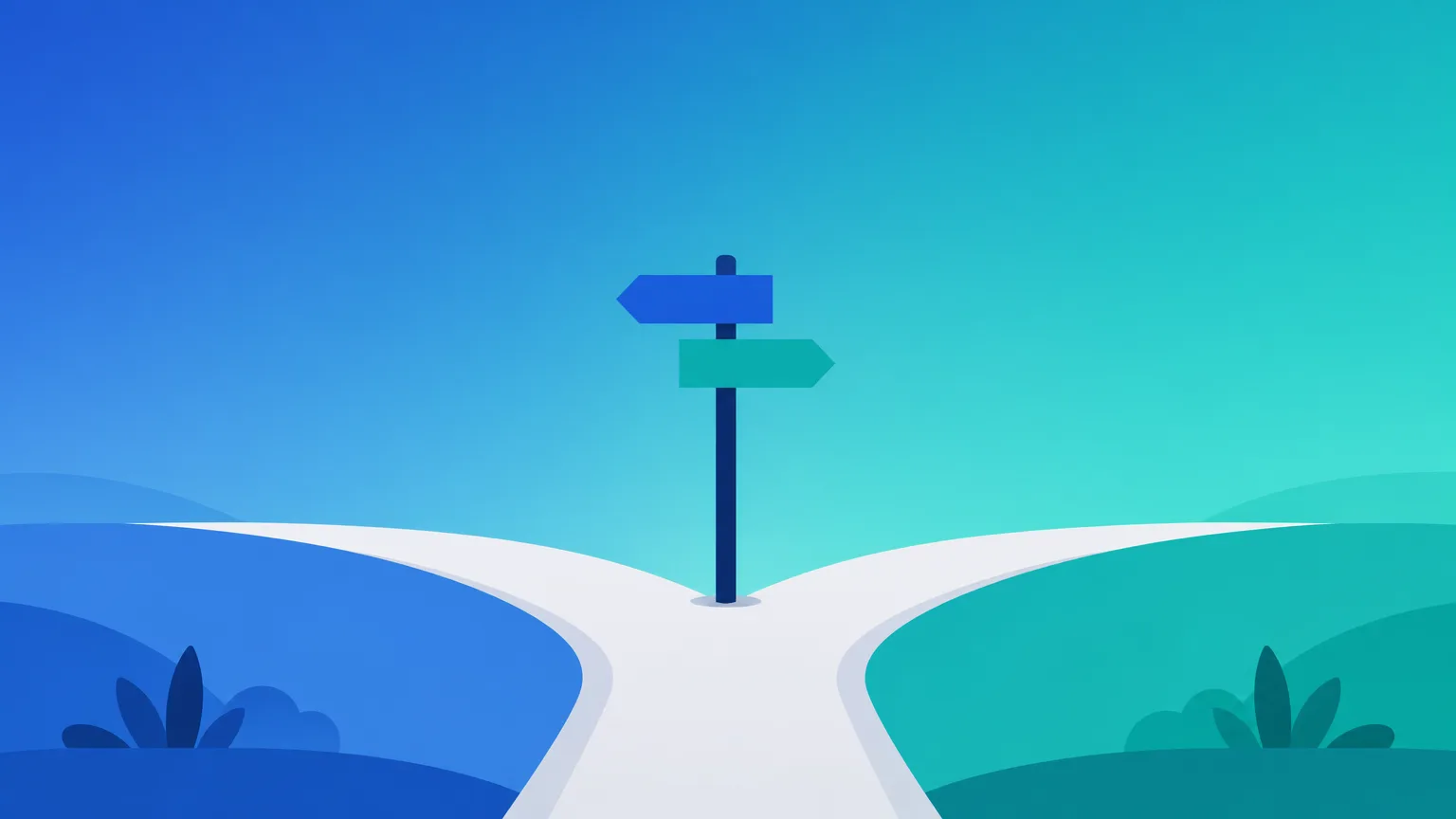 A branching path splitting into two roads under one signpost