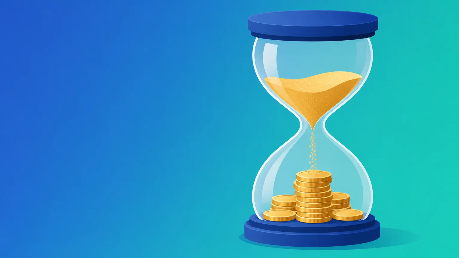 An hourglass with sand turning into stacked coins