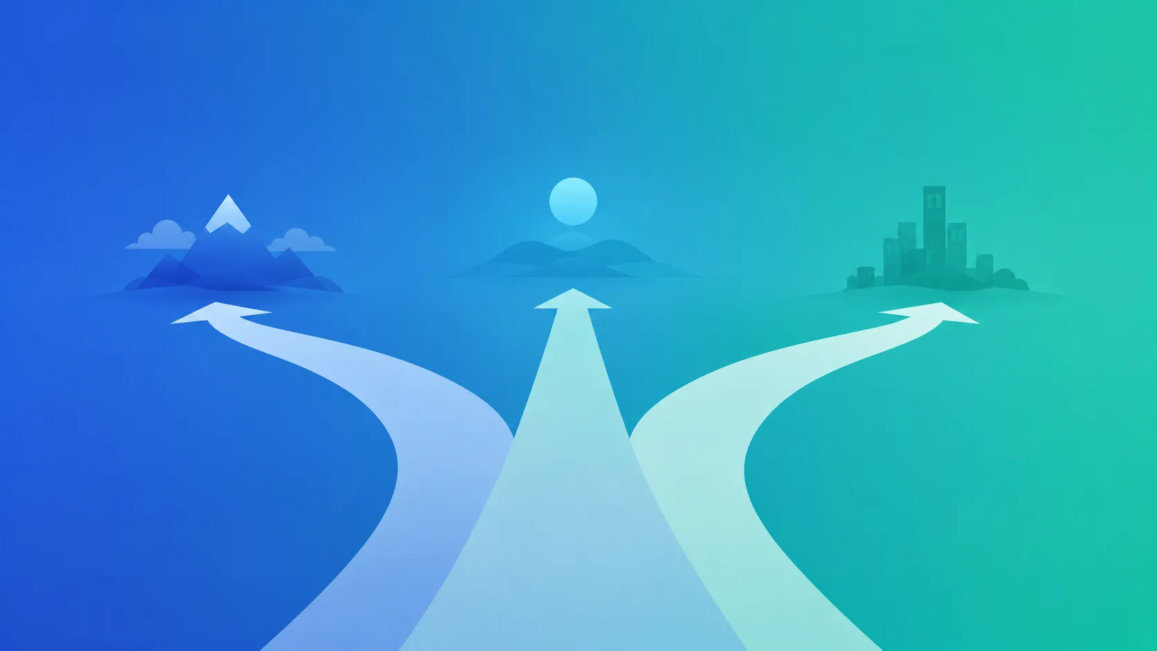 Three diverging paths, representing hourly, day rate, and value-based pricing