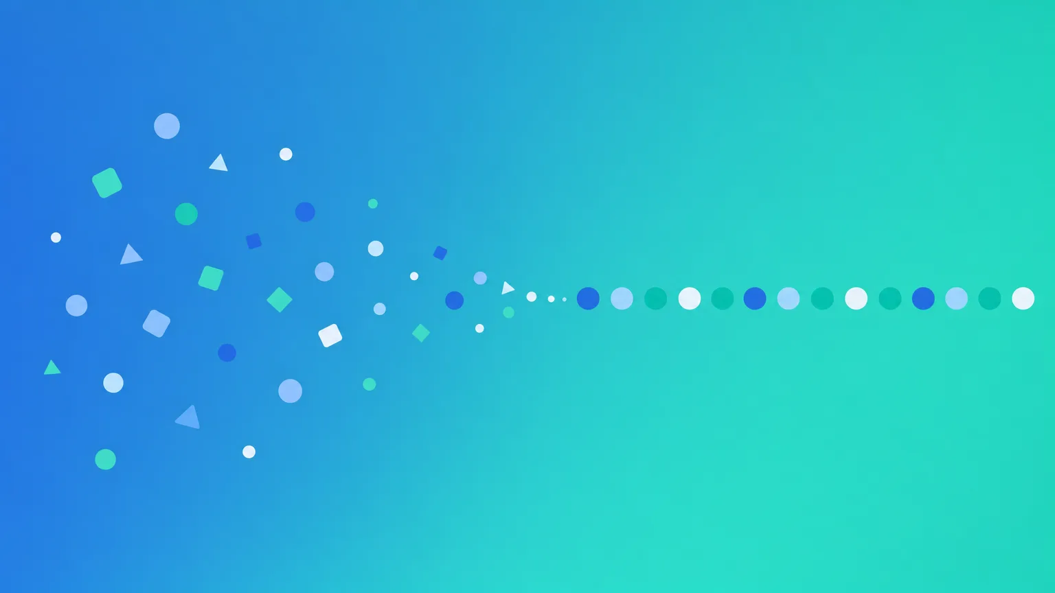 Scattered loose dots and shapes converging into one organized straight line